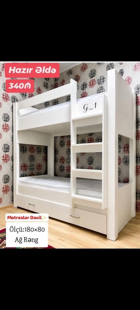 İki mərtəbəli uşaq çarpayısı – ağ rəng - Ölçü: 180×80 - “Matruslar — Bakı