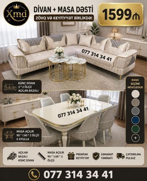 Divan + Masa Dəsti - Künc divan: 3×2 ölçü, açılan bazalı - Masa — Xırdalan