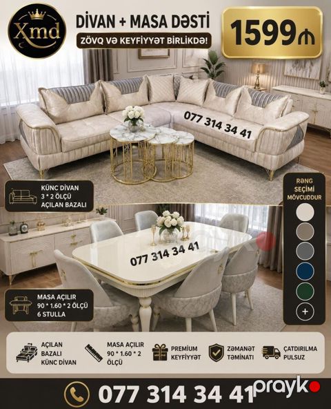 Divan + Masa Dəsti - Künc divan: 3×2 ölçü, açılan bazalı - Masa