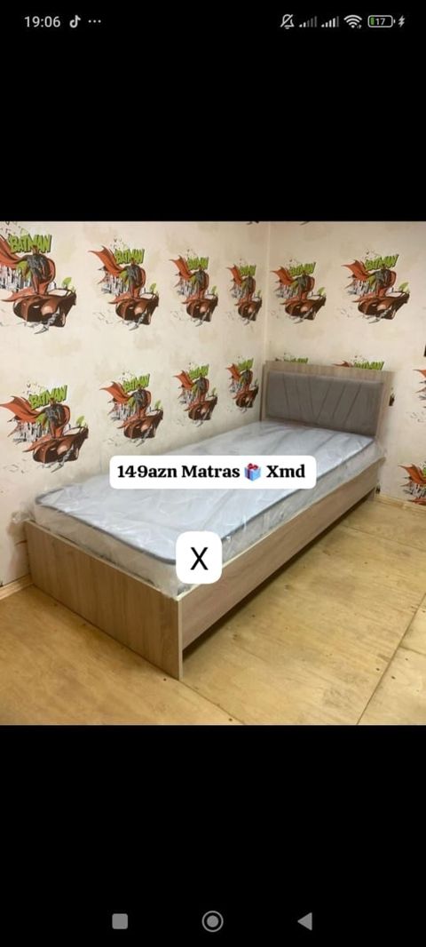 Tək nəfərlik çarpayı və matras dəsti. - Rəng və material: açıq ağac — Bakı