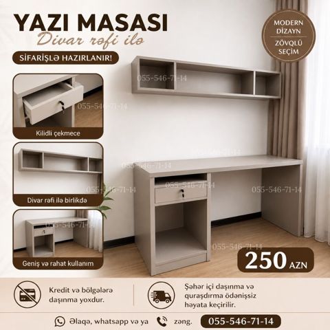Yazı masası divar rəfi ilə birlikdə - Modern dizayn, zövqlü seçim — Bakı