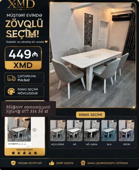 XMD Mebel – Zövqlü Yemək Dəsti - Komplekt: Dördbucaqlı masa + 6 ədəd — Xırdalan