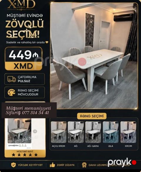 XMD Mebel – Zövqlü Yemək Dəsti - Komplekt: Dördbucaqlı masa + 6 ədəd
