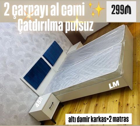 İki ədəd çarpayı dəsti – altı dəmir karkaslı, 2 ədəd matrasla — Bakı