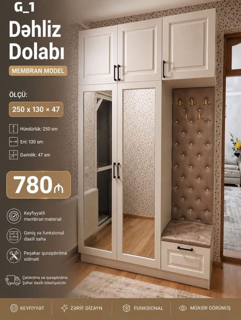 G_1 Dəhliz Dolabı – Membran model Ölçü: 250 130 47 sm — Bakı