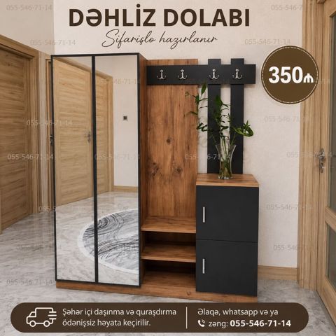Dəhliz dolabı – sifarişlə hazırlanır - Müasir dizayn: qara və ağac — Bakı