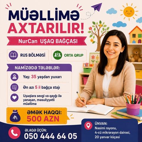 NurCan Uşaq Bağçasında müəllimə vakansiyası - Bölmə: Rus bölməsi — Bakı