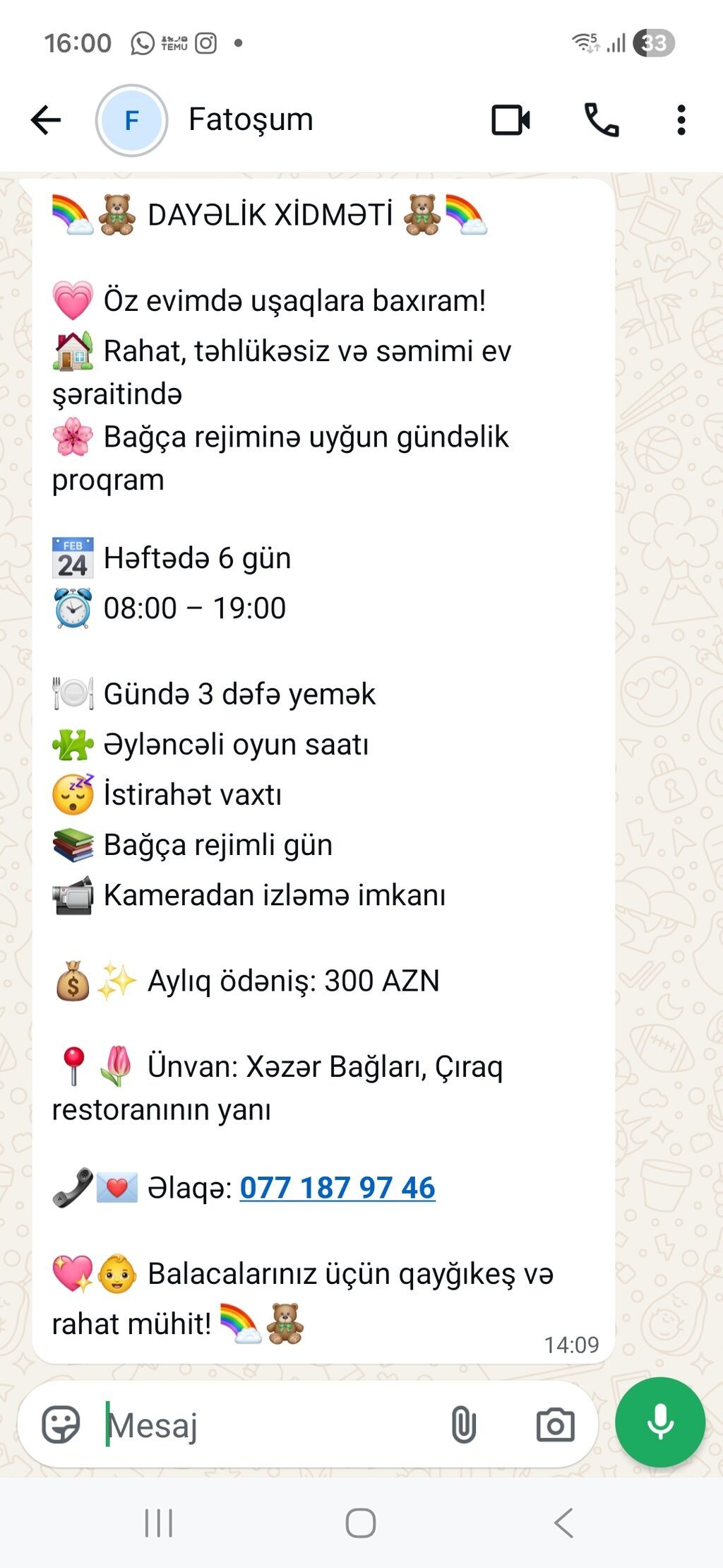 Uşaq baxımı xidməti – ev şəraitində - Rahat, təhlükəsiz və səmimi ev — Xidmətlər, Sumqayıt