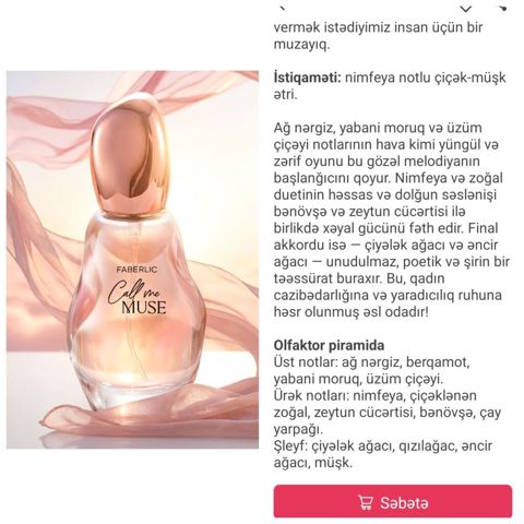 Faberlic Call Me Muse – nimfeya notlu çiçək-müşk ətiri. Ətirdə