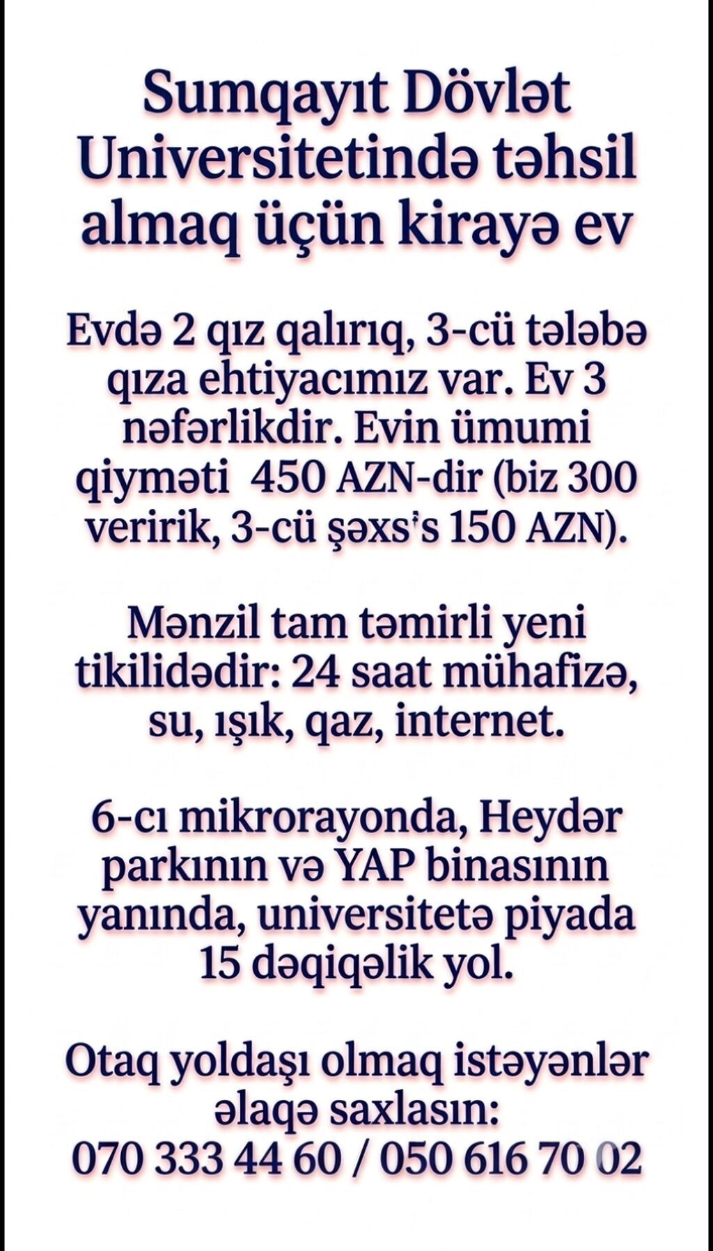 Sumqayıt Dövlət Universitetinə yaxın kirayə mənzildə otaq yoldaşı — Daşınmaz əmlak, Biləsuvar (2)