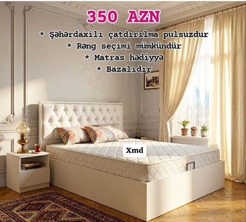 Yataq dəsti – bazalı model - Yumşaq başlıqla dizayn olunmuş, ağ — Bakı