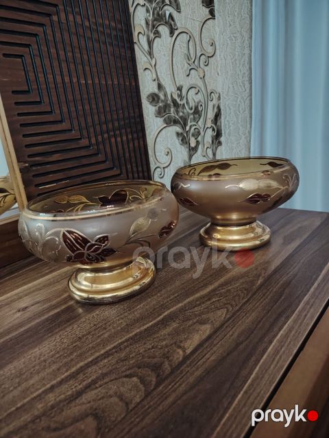 Qızılı naxışlı dekorativ şüşə qablar – 2 ədəd set - Material: qalın