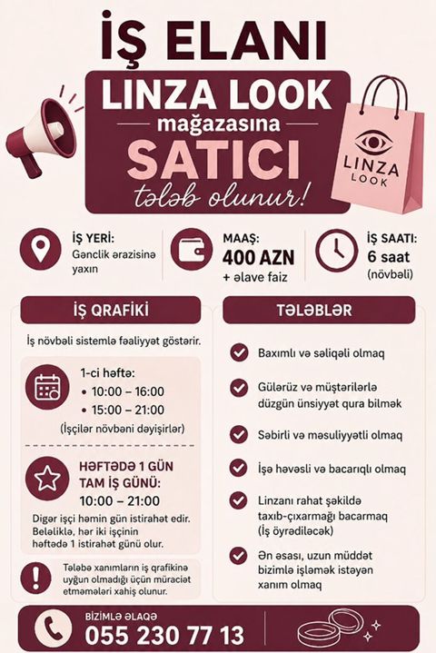 Satış məsləhətçisi tələb olunur, Yalnız qadınlar üçün, İstənilən yaş, Təcrübəsiz, Aylıq ödəniş — Bakı