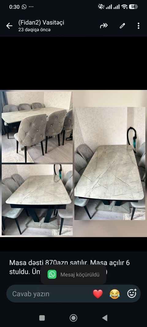 Masa dəsti 870azn satılır. Masa açılır 6 stuldu. Ünvan Binəqədi (fidan — Bakı