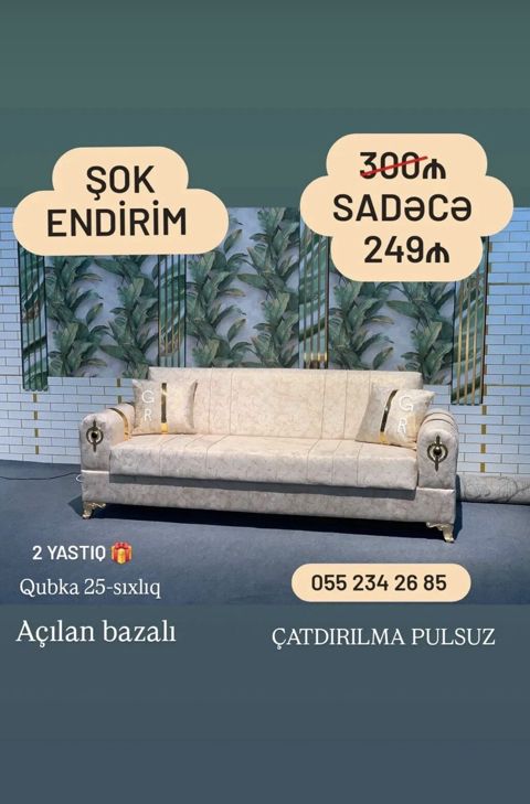 Açılan bazalı divan - Rəng: açıq bej, zərif naxışlı döşəmə - Açılan — Bakı