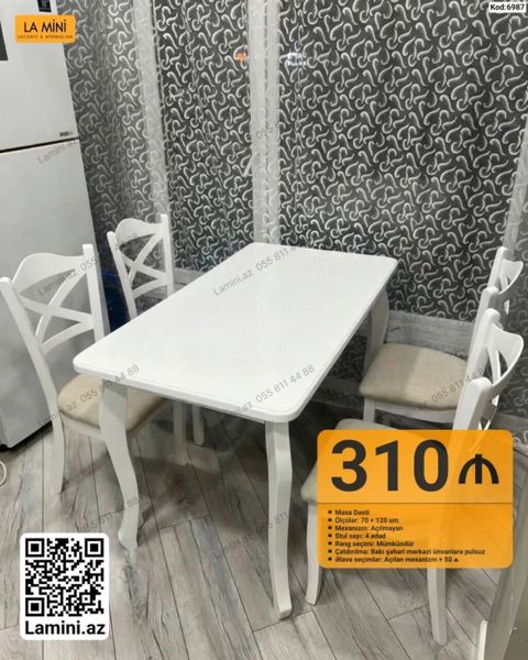 Masa Dəsti – kod: 6987 - Dəst: 1 masa + 4 ədəd stul - Ölçülər: 70 — Bakı