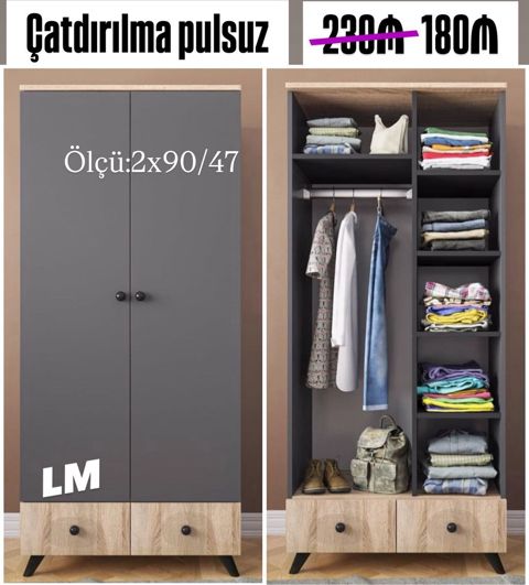 İki qapılı geyim şkafı - Ölçü: 2x90/47 (şəkildə göstərildiyi kimi)