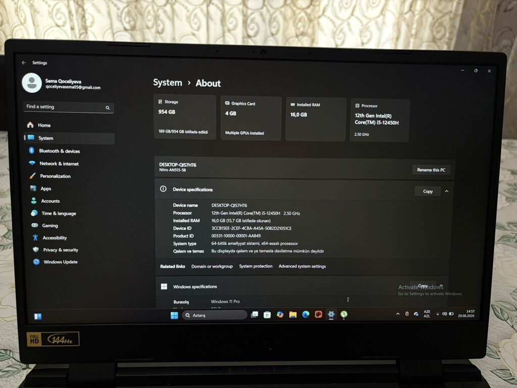 Acer Nitro 5 oyun noutbuku - Ekran: 15.6" Full HD, 144 Hz (etiketdə — Acer, Mingəçevir (5)