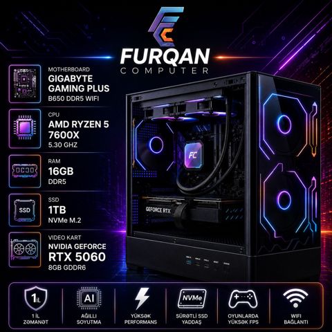 Gaming PC Ryzen 5 7600X 5.30 ghz RTX 5060 8GB SSD 1TB NVMe M.2 RAM 16GB DDR5 — Bakı
