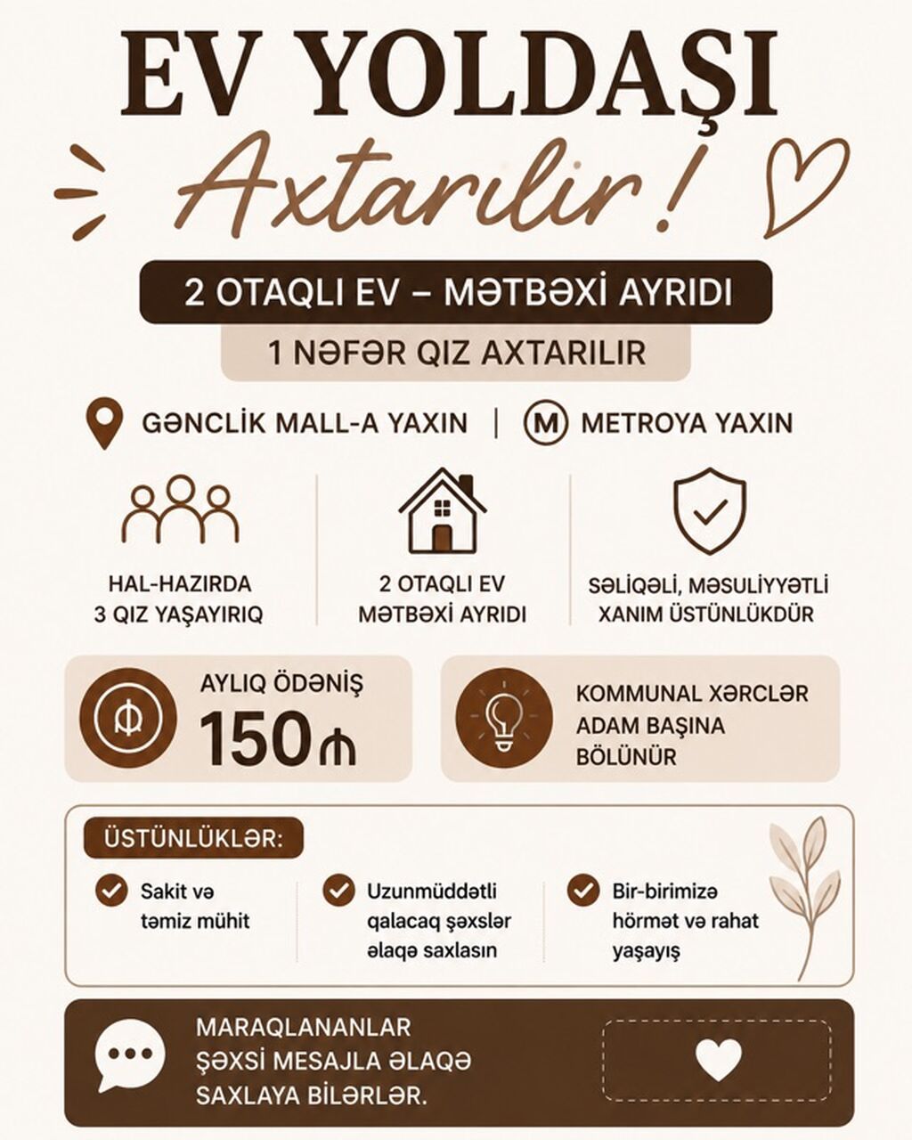 Ev yoldaşı axtarılır – 2 otaqlı ev, mətbəxi ayrıdır. 1 nəfər qız üçün — Mənzil, Bakı