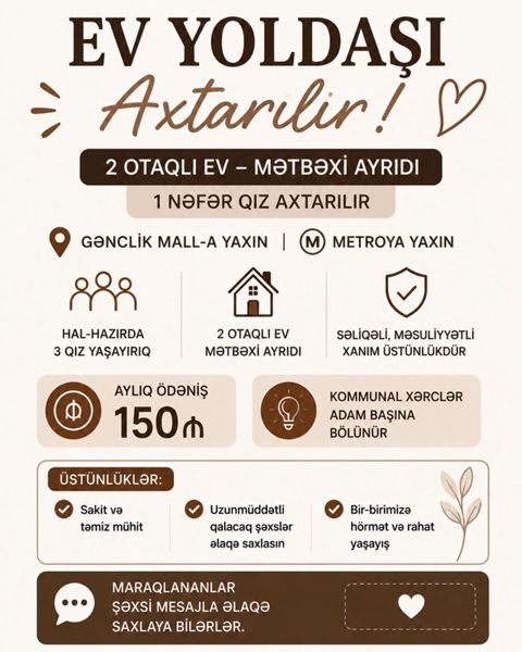 Ev yoldaşı axtarılır Məkan: - Gənclik Mall-a və metroya yaxın — Bakı