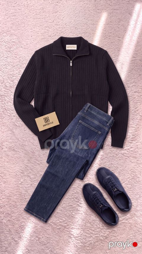 Kişi geyim dəsti – Dıffstyle - Yarımfermuarlı, şaquli toxumalı qara — Bakı
