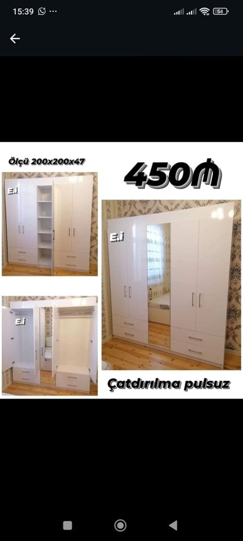 Ağ rəngli, güzgülü üç qapılı paltar dolabı - Ölçü: 200×200×47 sm - Ön — Bakı