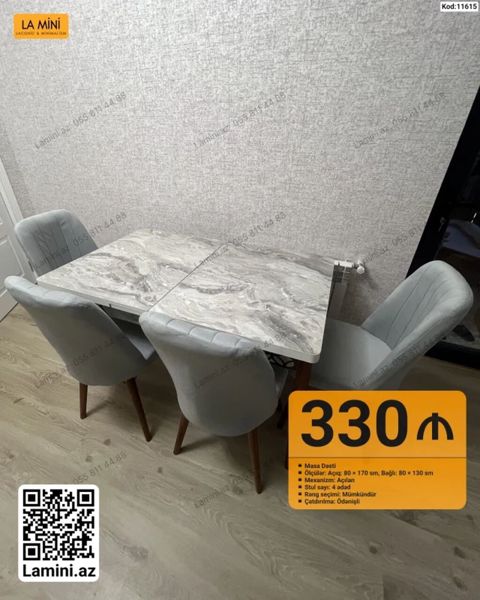 Məhsul: Masa dəsti – Ölçülər: açıq 80×170 sm, bağlı 80×130 sm — Bakı