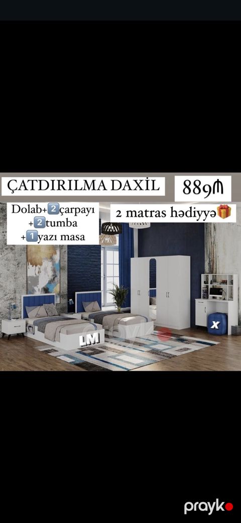 Uşaq/yeniyetmə otağı üçün mebel dəsti Paketə daxildir: - Dolab - 2