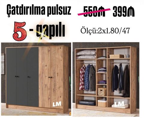 BEŞ qapılı dolablar təmiz laminatla Qiymət 399₼ Ölçü 2 x 1.80x — Bakı