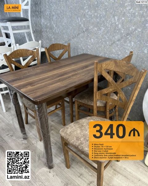 Məhsul: Masa dəsti (Kod: 12112) Tərkib: - 1 ədəd masa - 4 ədəd stul — Bakı