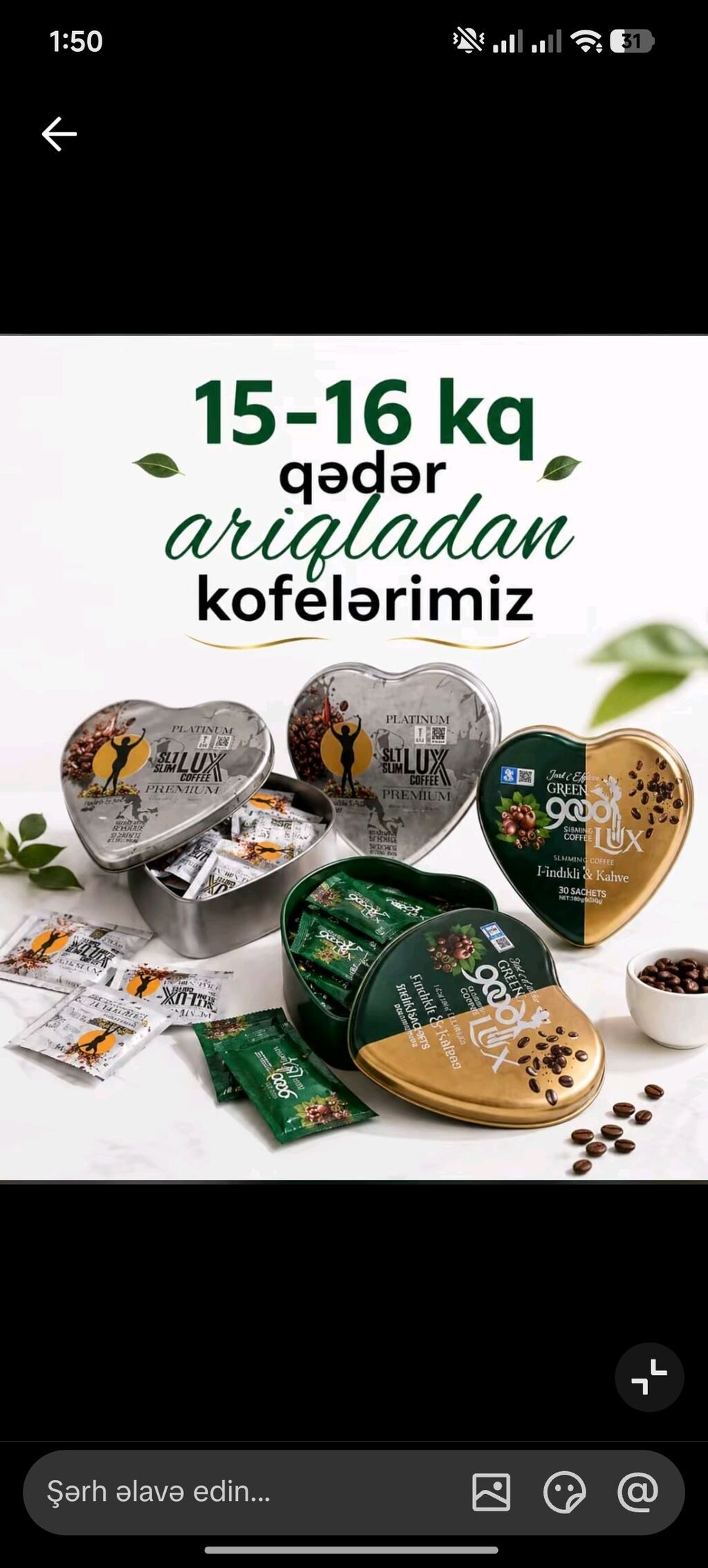 Məhsul: Arıqladıcı qəhvə paketləri (Slım LUX Coffee / Green Good Lux) — Qida məhsulları, Digah