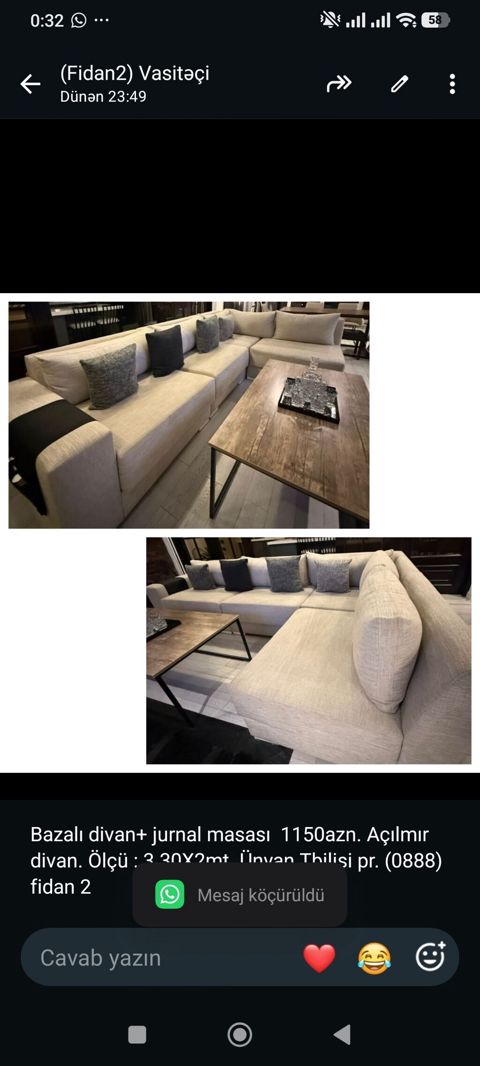Bazalı divan+ jurnal masası 1150azn. Açılmır divan. Ölçü 3.30X2mt — Bakı
