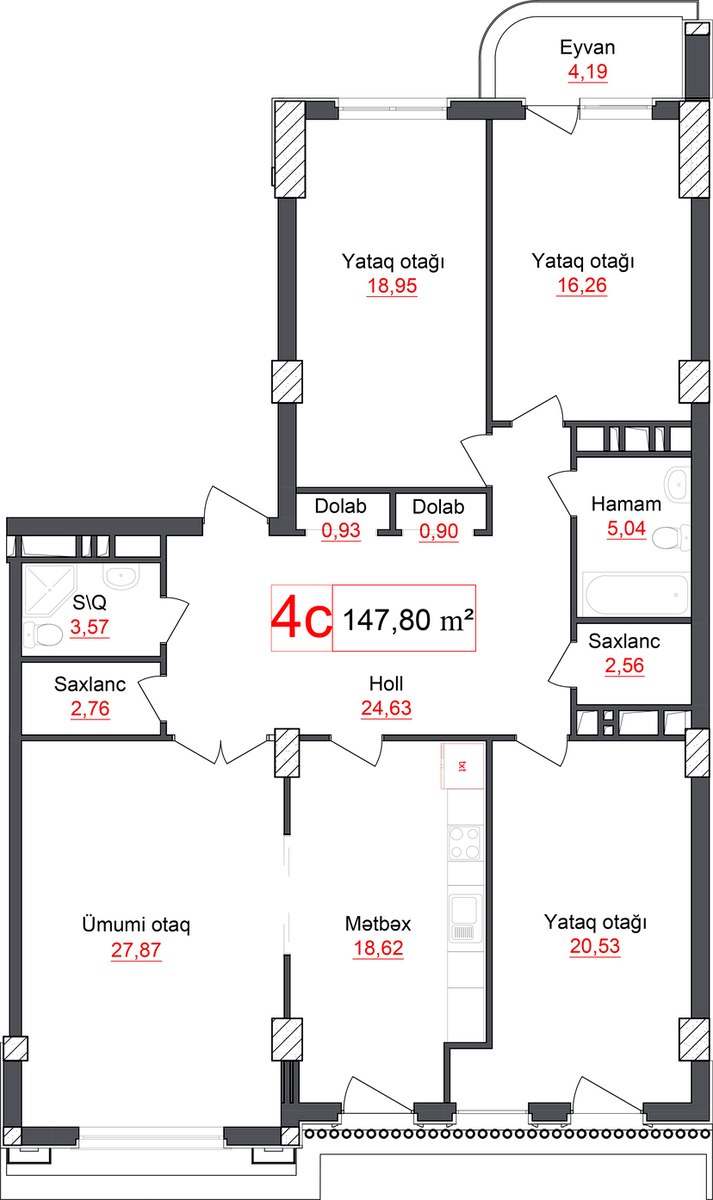 Satılır 4 otaqlı yeni tikili 147.8 m² — Mənzil, Bakı (6)
