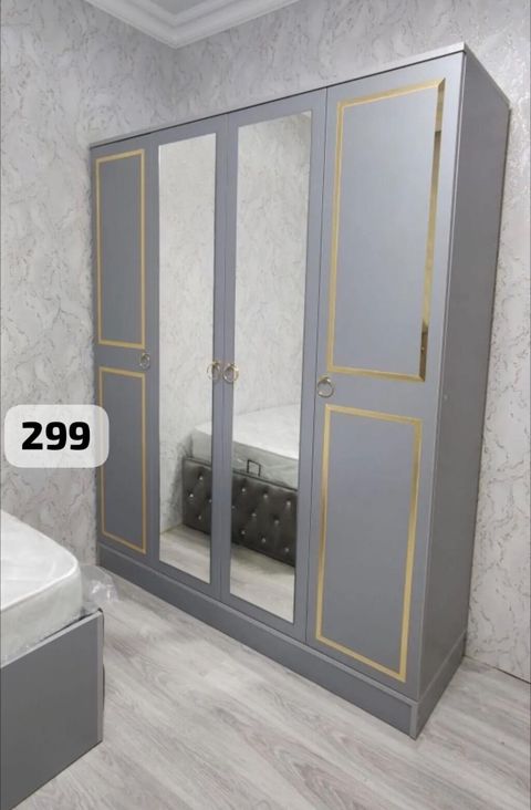 Geniş tutumlu dördqapılı şkaf - Rəng: boz, qızılı dekor xətləri — Mehdiabad