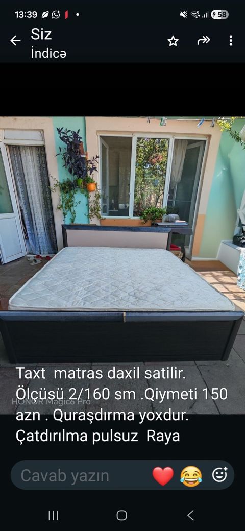 Taxt matrasla birlikdə satılır. Ölçü: 200×160 sm. Qiymət: 150 AZN — Sumqayıt