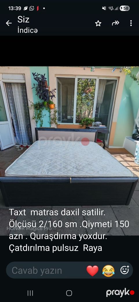 Taxt matrasla birlikdə satılır. Ölçü: 200×160 sm. Qiymət: 150 AZN