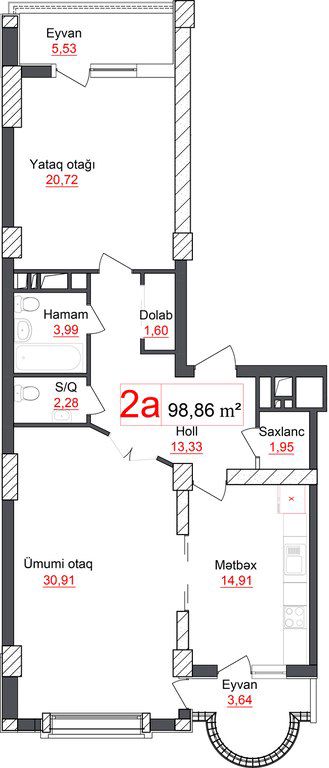 Satılır 2 otaqlı yeni tikili 98.9 m² — Mənzil, Bakı (9)