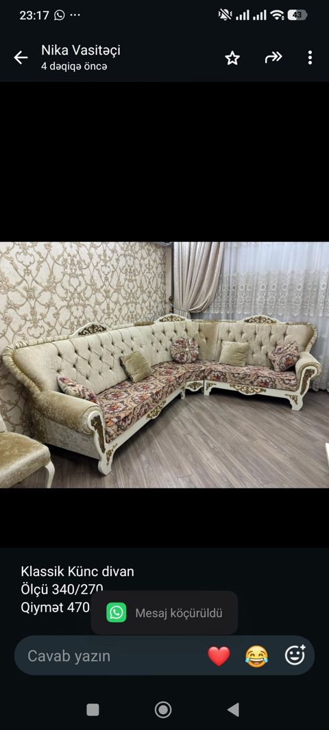 Klassik Künc divan Ölçü 340/270 Qiymət 470azn Ünvan Həzi Aslanov — Bakı