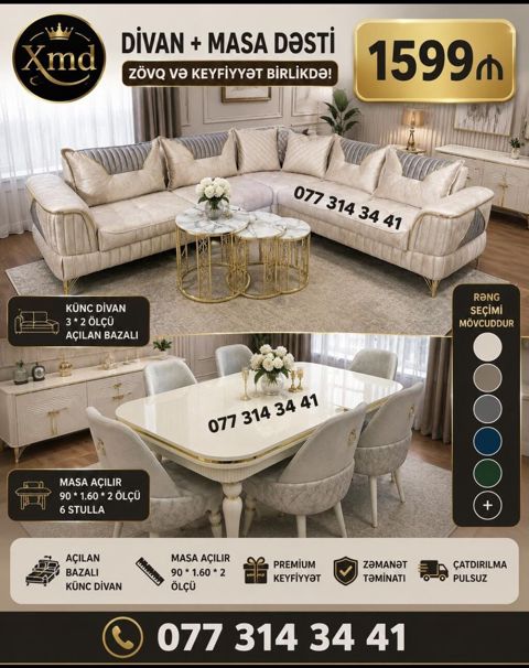 Divan + Masa Dəsti - Künc divan: 3 x 2 ölçü, açılan bazalı. Zərif — Xırdalan