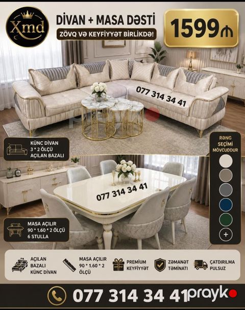 Divan + Masa Dəsti - Künc divan: 3 x 2 ölçü, açılan bazalı. Zərif