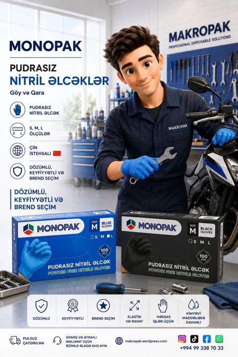 Monopak – Pudrasız Nitril Əlcəklər Göy və qara rəng seçimləri ilə — Masazır