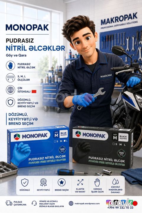Monopak – Pudrasız Nitril Əlcəklər Göy və qara rəng seçimləri ilə — Masazır