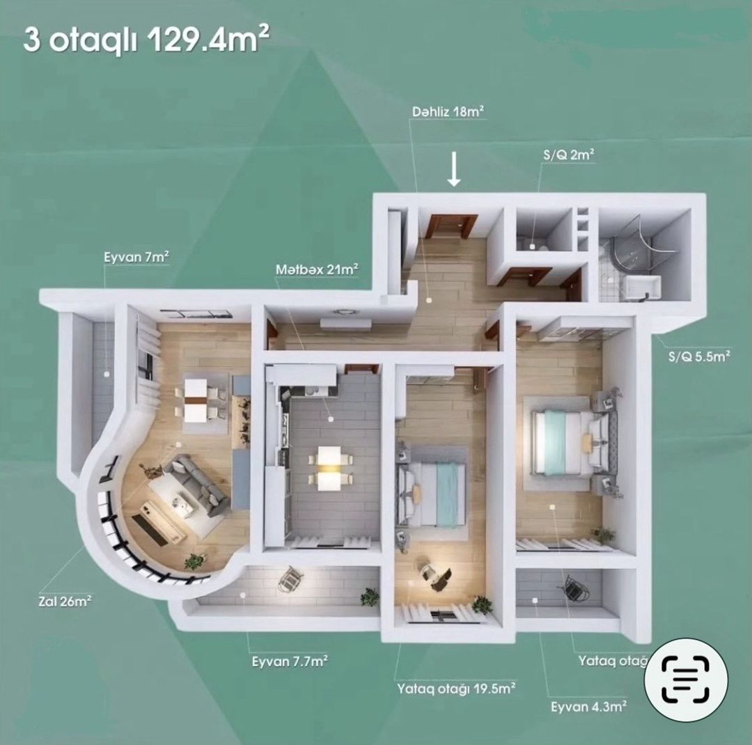 Satılır 3 otaqlı yeni tikili 129.4 m² — Mənzil, Bakı (2)