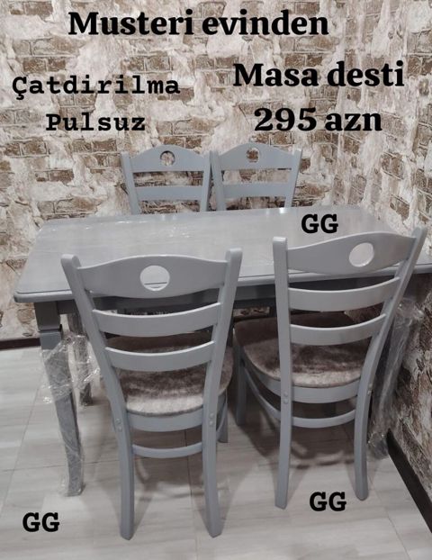 Masa dəsti – 295 AZN Tərkibi: - 1 yemək masası - 4 ədəd stul (yumşaq — Bakı
