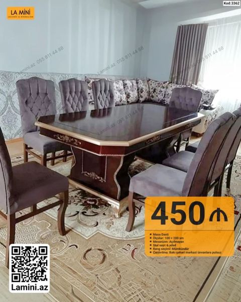 Mebel dəsti – Masa və 6 ədəd stul - Masa ölçüləri: 100 200 sm — Bakı