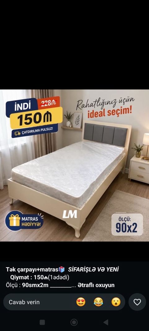 Tək nəfərlik çarpayı + hədiyyə matras - Ölçü: 90 sm x 2 m (90x200)