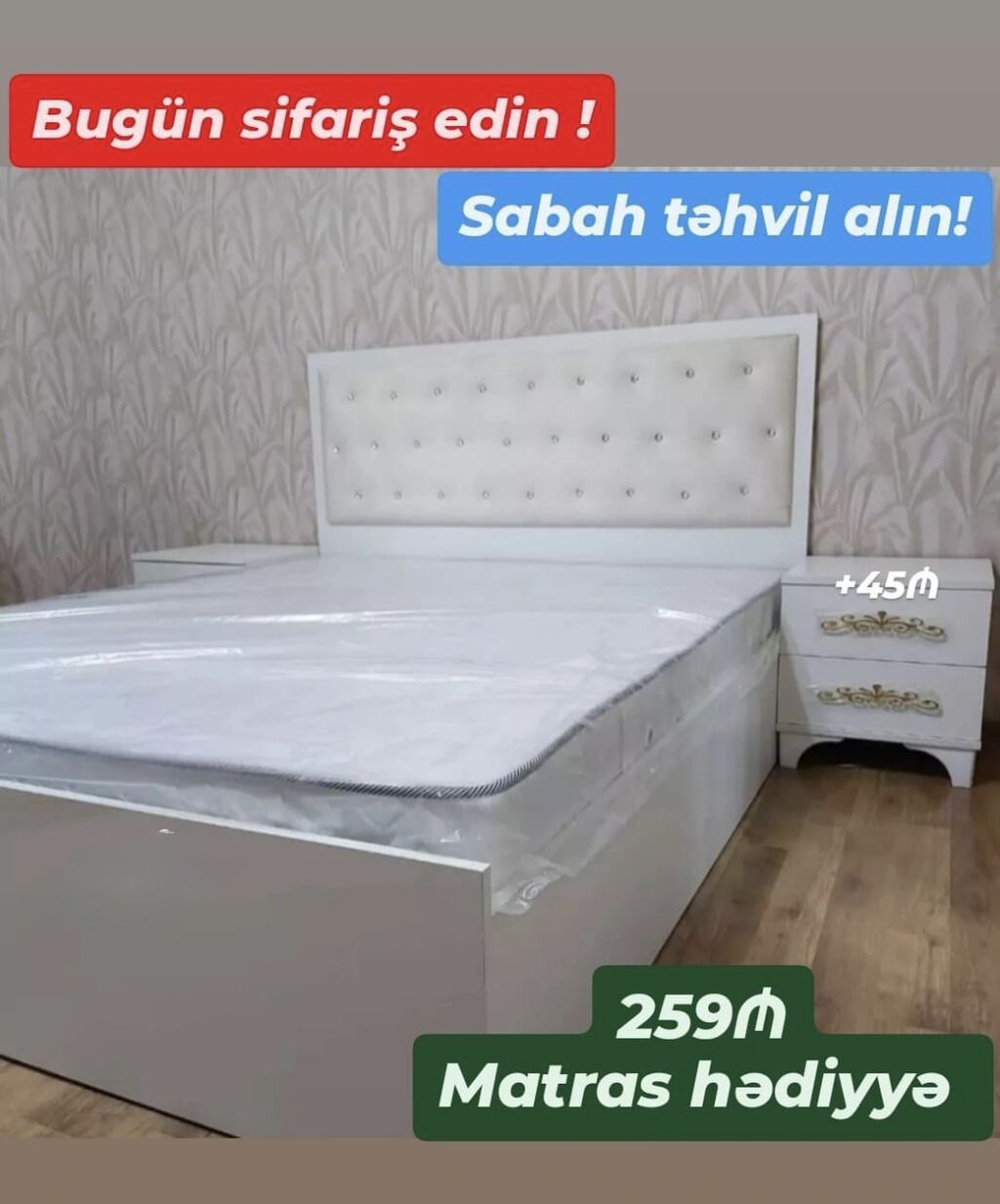 Ağ rəngli yataq dəsti: - Yumşaq, düyməli başlıqla dəbli dizayn - Geniş — Mebel, Bakı