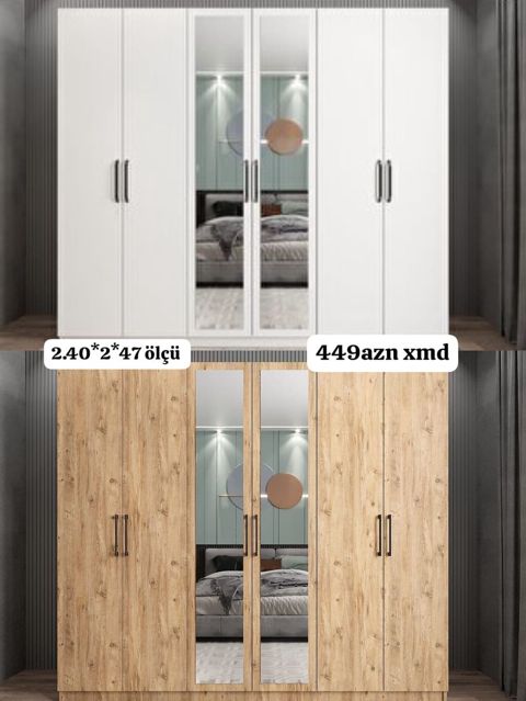 Mebel dolabı – 6 qapılı, güzgülü model Ölçü: 240 200 47 sm — Bakı