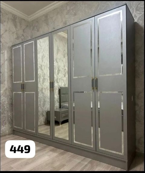Geniş tutumlu, 6 qapılı yataq otağı dolabı - Rəng: boz, gümüş çərçivə — Mehdiabad